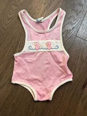 Vintage 80s baby girl one piece swimsuit - 18 months - pink with ducks